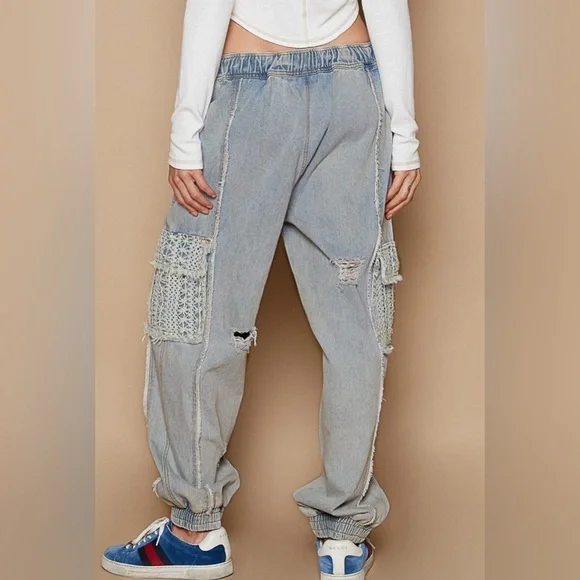 POL Distressed Denim Lace Pocket Cargo Jogger - Picture 3 of 8